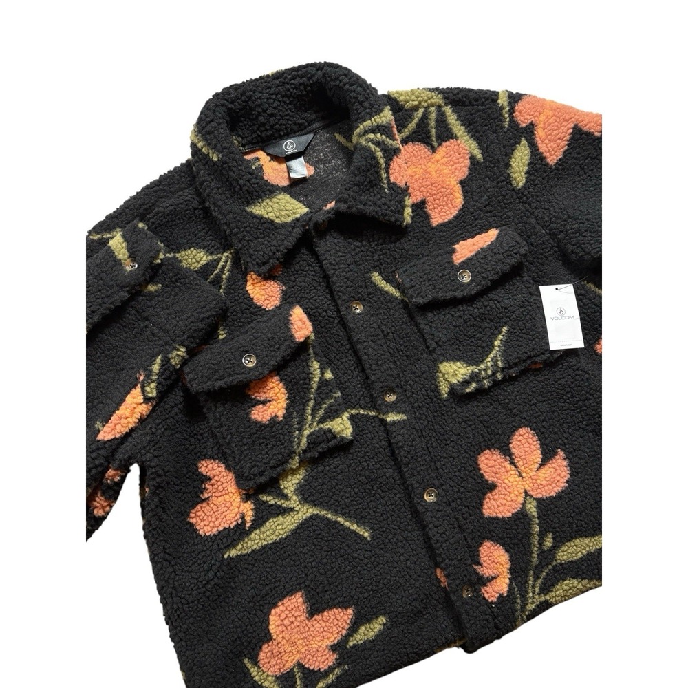 Volcom Womens Fleece Sherpa Shacket Button Up Shirt Jacket BLK Floral NWT -1387